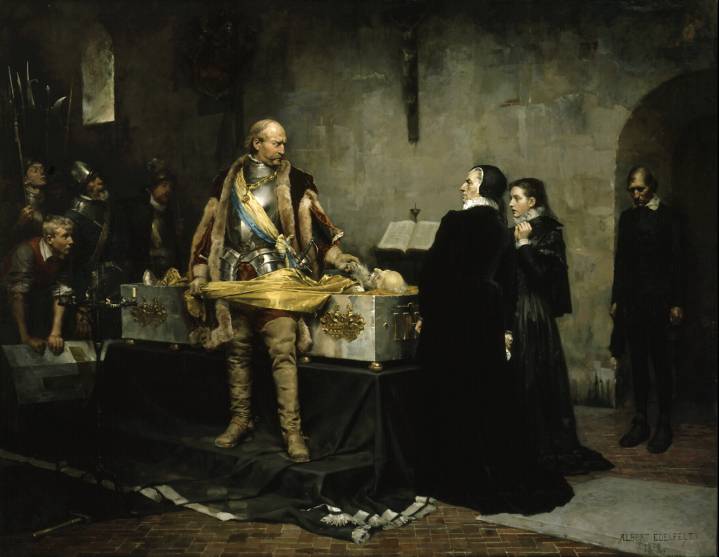 Ebba Gustavsdotter depicted (to right of coffin) in ”Hertig Karl insults the corpse of Klas Fleming”, painting by Albert Edelfeldt, 1878, Åbo Castle, Finland. Photographer unknown.