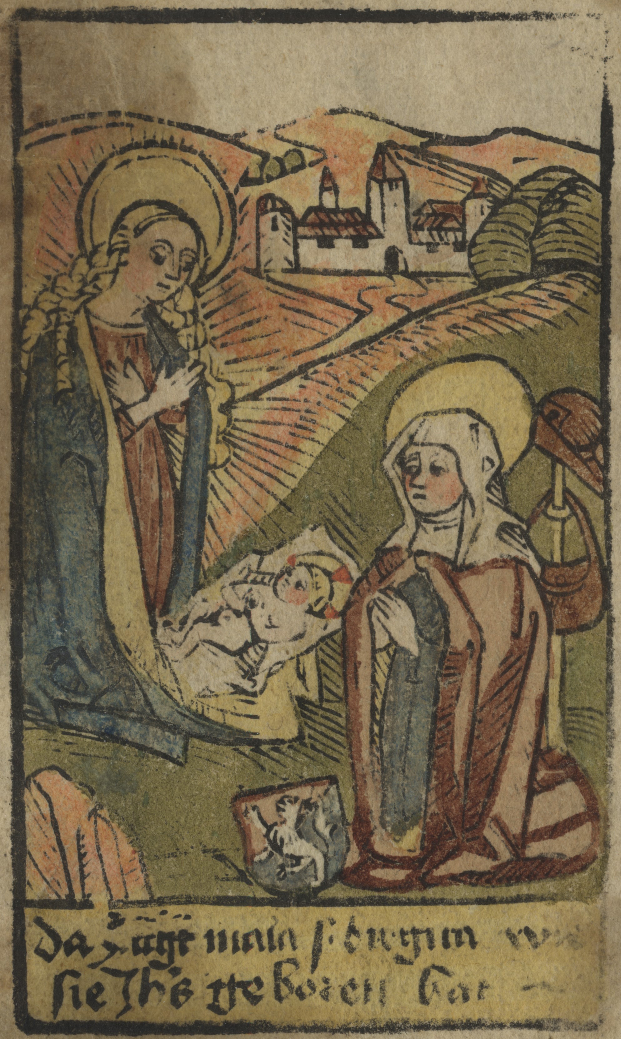 Heliga Birgitta avbildad som knäböjande framför jungfru Maria och Jesusbarnet. Kolorerat träsnitt, cirka 1480-1490, konstnär okänd. Uppsala universitetsbibliotek, 18997