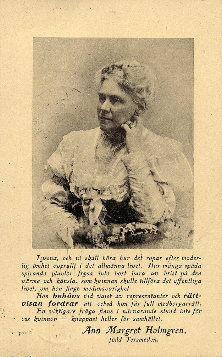 Rösträttsvykort med porträtt av Ann Margret Holmgren. År okänt, poststämplat 1907 (KvinnSam, Göteborgs universitetsbibliotek)