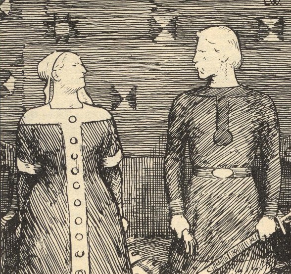 Sigrid Storråda och Olaf Tryggvason som framställda av Erik Werenskiold för den norska översättningen av Heimskringla, 1899. Bildkälla: Wikimedia Commons