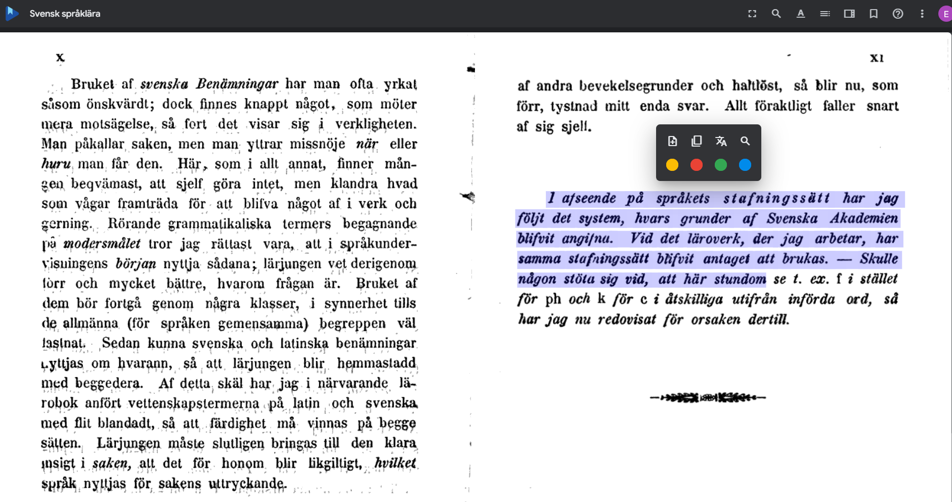 Bild 1. OCR-behandlat uppslag ur Svensk språklära (1854)