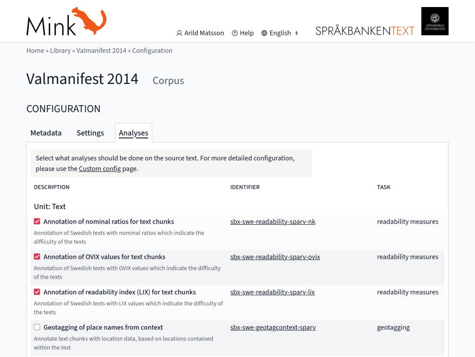 Mink corpus analysis config